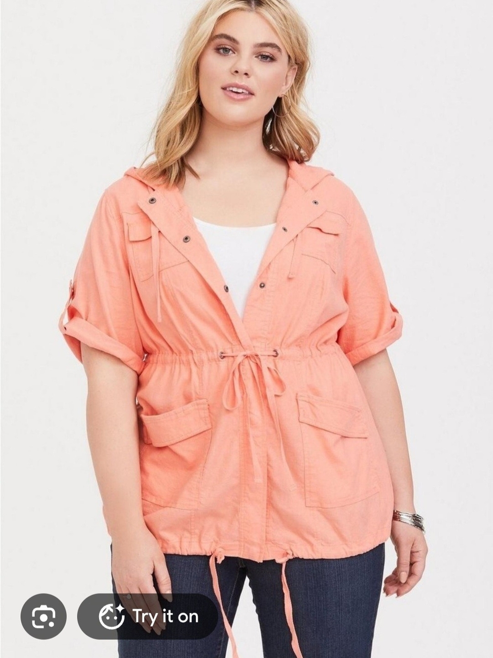 torrid Plus Size Peach Hooded Utility Anorak Jacket. Linen Blend. Size 1